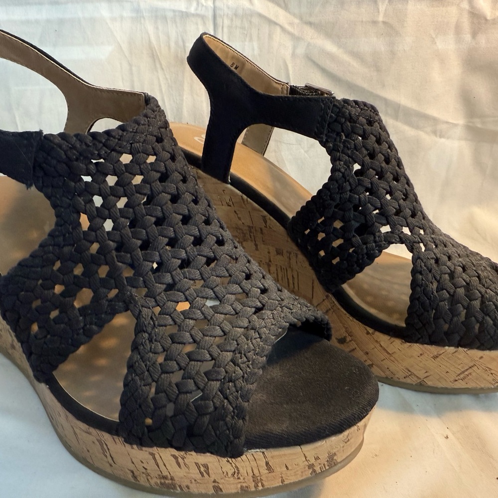 SO Black Wedge Sandals with Faux Cork Sole